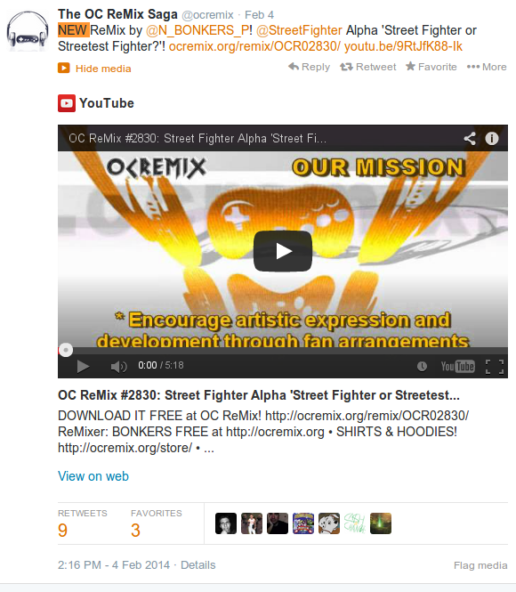 Official OCRemix Twitter Feed picture, embedded Youtube